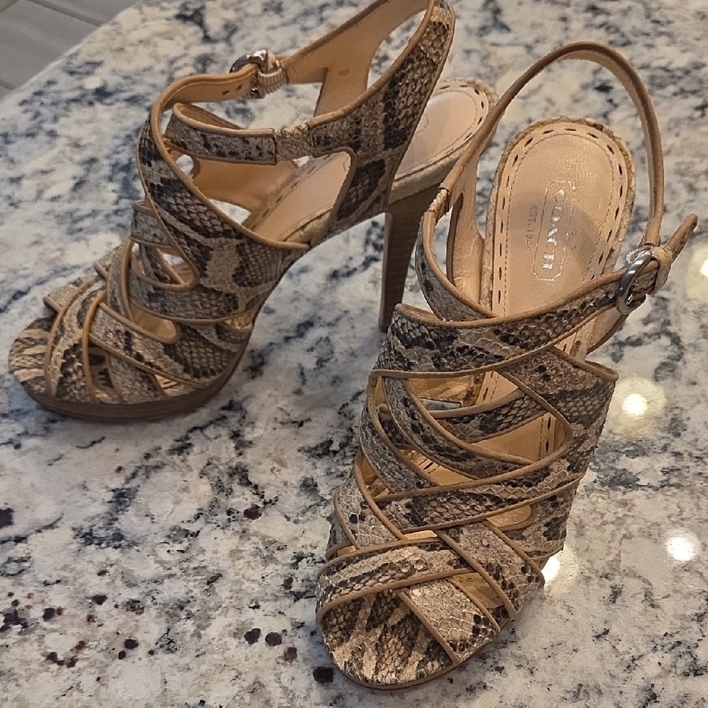 Coach Snakeskin Strappy Heels in Tan and Brown - Picture 10 of 10